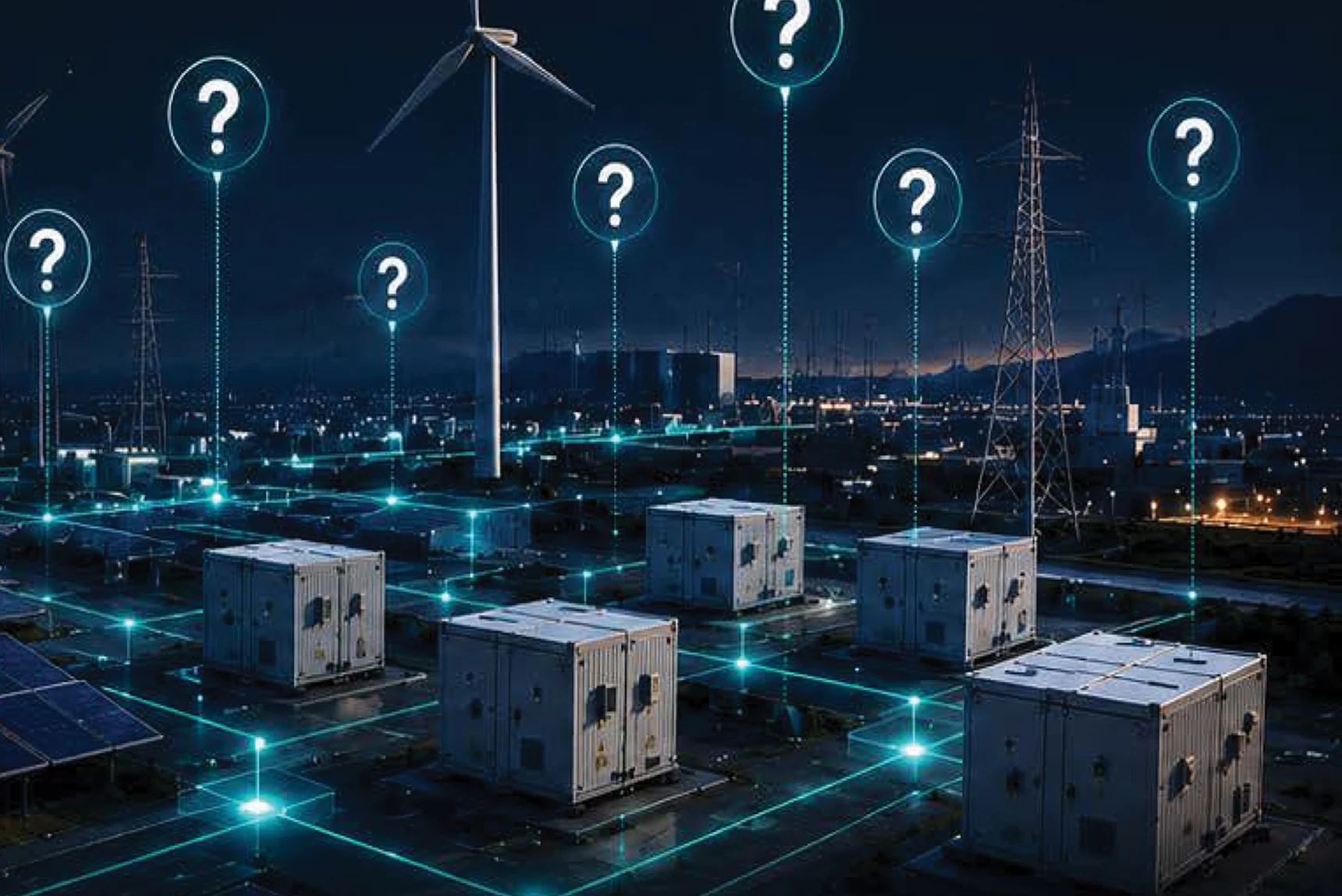 Industrial energy sites connected at night, with question marks representing unresolved operational signals